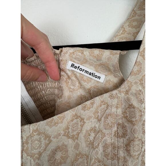 Reformation Gold Brocade Satin Gold Smocked Back Exposed Zipper Corset 6 - Picture 3 of 4